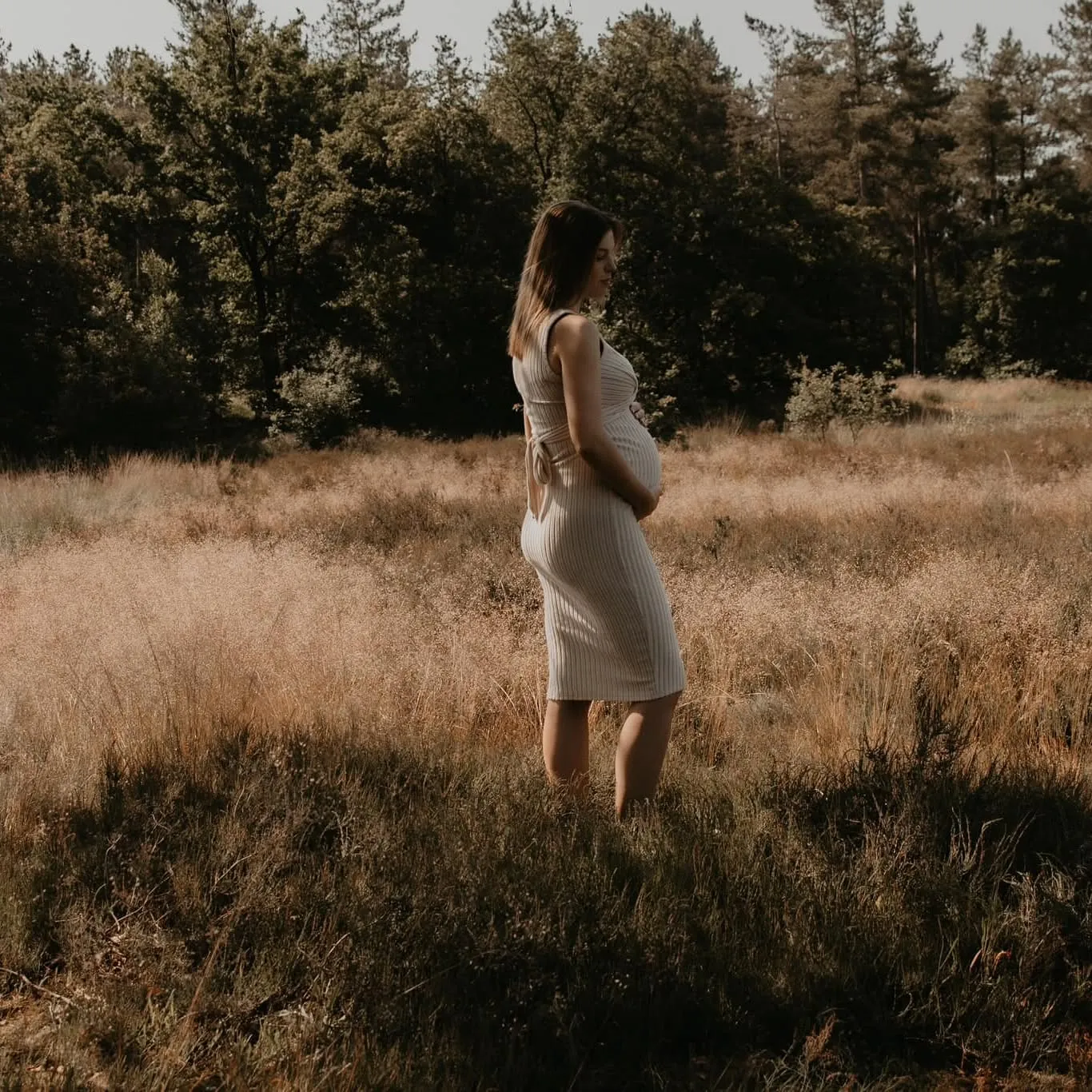 Zwangere vrouw in het avondlicht tussen het gras
